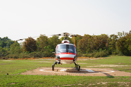 Helicopter parked at the helipad near forest