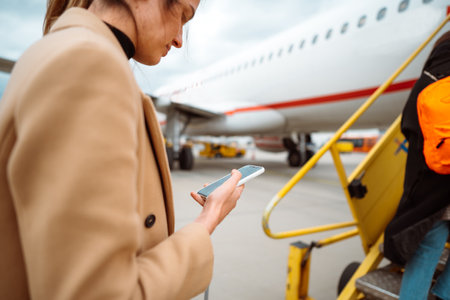 Young woman holding a mobile phone and writing message. Boarding to the aircraft. First journey after covid pandemic.の写真素材