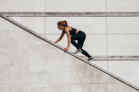 young girl performing parkour movement in the city. Copy space photoの写真素材
