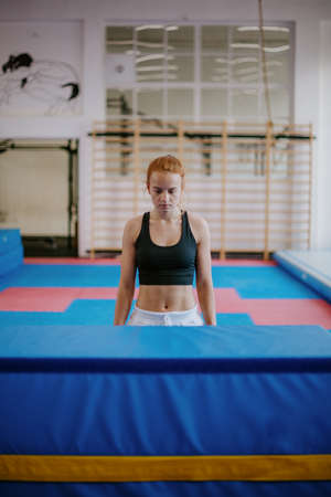 young gymnastic woman is standing in front of an obstacle and getting ready to jumpの写真素材