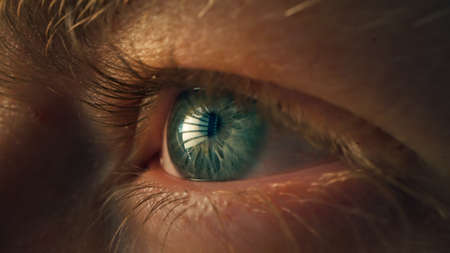 Macro shot of mans eye. Young man working on computer. Concentrated look.の写真素材