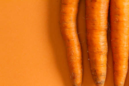 Flat lay top view composition with bio carrots on orange background. copy space