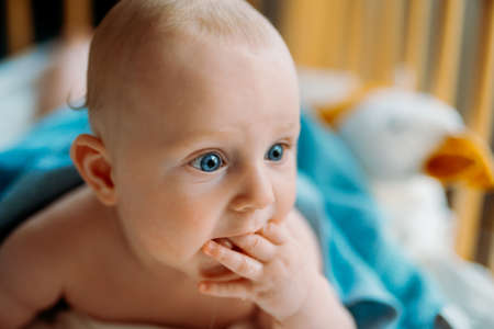 Cute crawling baby with blue eyes.の写真素材