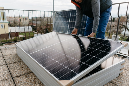 Man holds the solar panel and sets the correct position. Green energy concept.