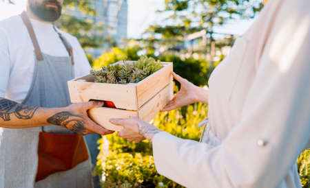 Gardener selling a box of plants to customer. E-commerce, online order concept.の写真素材