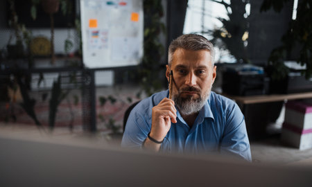 Thoughtful grey haired man working at contemporary office and thinking about business.の写真素材