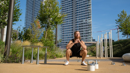 Focused millennial man doing morning sports to keep fit. Athletic man trains at the open airの写真素材