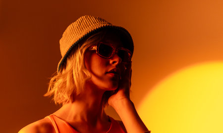 Fashionable model wearing trendy sunglasses and stylish hat against orange background in studioの写真素材