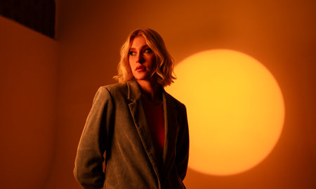 Blonde elegant woman in jacket walking and posing arms crossed over orange colour wall in studioの写真素材