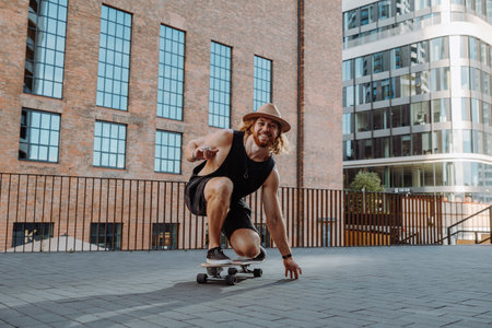 Young attractive skater performing with longboard at sunset in urban city street and smilingの写真素材