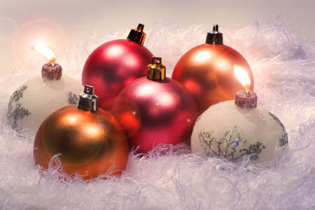 Christmas candles and red spheresの写真素材