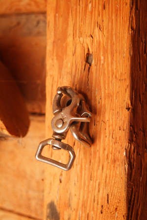 Old thumb clip hanging on post by nailの写真素材