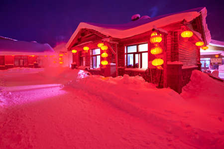 China's Snow Town landscape view at nightのeditorial素材