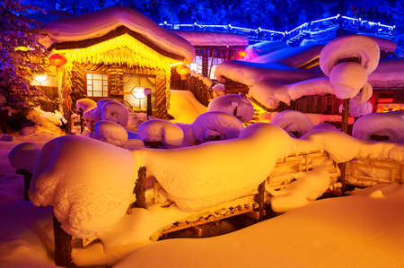 China's Snow Town landscape view at nightのeditorial素材