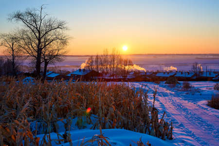 The village morning of winter.の写真素材