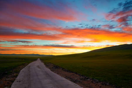 The rosy clouds of dawn on the summer grassland.の写真素材
