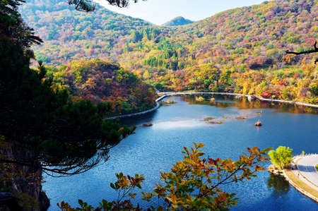 The autumn landscape of Benxi Guanmen mountain scenic spot.の写真素材