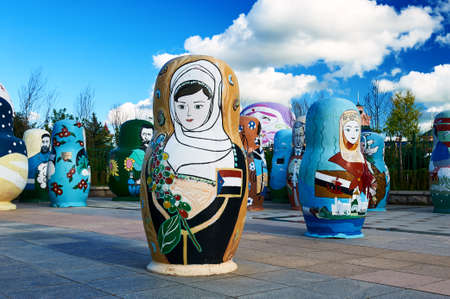 Manzhouli , China - July 19, 2018: All sorts of modelling Russian nesting dolls placed in matryoshka doll square of Manzhouli city. It is for people to visit.のeditorial素材