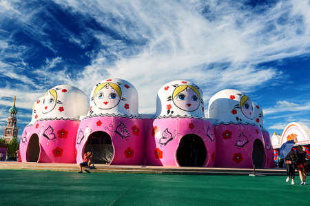 Manzhouli , China - July 19, 2018: All sorts of modelling Russian nesting dolls placed in matryoshka doll square of Manzhouli city. It is for people to visit.のeditorial素材
