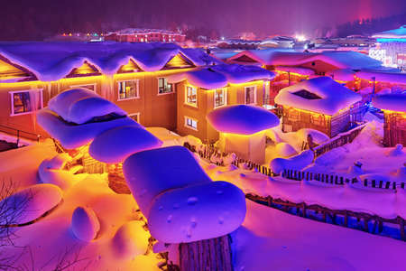 The beautiful night landscape of China Snow Town.の写真素材
