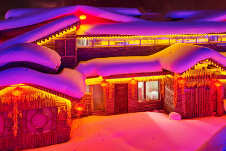 beautiful night landscape of China Snow Town.のeditorial素材