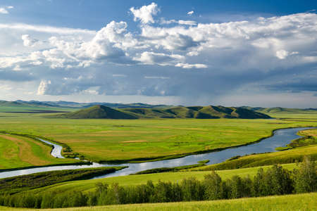 Hulunbuir prairie in summer. The Sino-Russian border line from Shiwei Port to Manzhouli is...