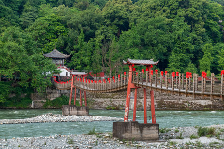 Dujiangyan Iron Cable Bridge in Chengdu, Sichuanの写真素材
