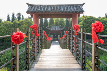 Dujiangyan Iron Cable Bridge in Chengdu, Sichuanの写真素材