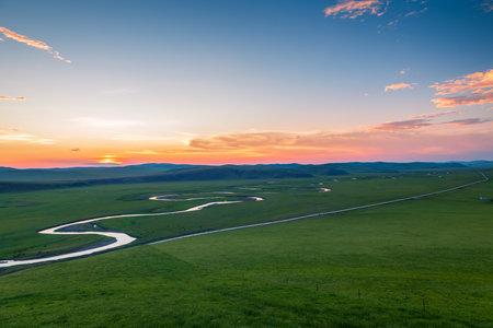 Beautiful sunset in the grasslands of Mongolia. View from above.