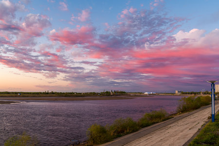 The sunset scenery of Nenjiang River in Nenjiang City, Heihe City, Heilongjiang Province, China.の写真素材