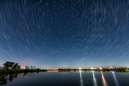 Daqing Oilfield Lake Water Starry Sky Daqing City Heilongjiang Province Chinaの写真素材