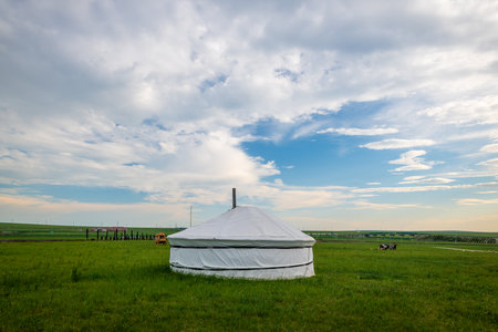 Mongolian yurts on Huhenuoer grassland, Hulunbuir, Inner Mongolia Autonomous Region, Chinaの写真素材