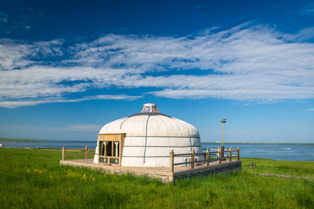 Mongolian yurts on Huhenuoer grassland, Hulunbuir, Inner Mongolia Autonomous Region, Chinaの写真素材