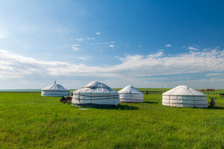 Mongolian yurts on Huhenuoer grassland, Hulunbuir, Inner Mongolia Autonomous Region, Chinaの写真素材