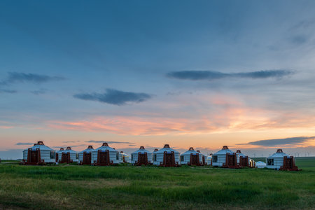 Mongolian yurts on Huhenuoer grassland, Hulunbuir, Inner Mongolia Autonomous Region, Chinaの写真素材