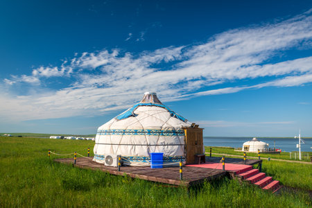 Mongolian yurts on Huhenuoer grassland, Hulunbuir, Inner Mongolia Autonomous Region, Chinaの写真素材
