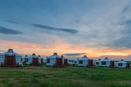 Mongolian yurts on Huhenuoer grassland, Hulunbuir, Inner Mongolia Autonomous Region, Chinaの写真素材