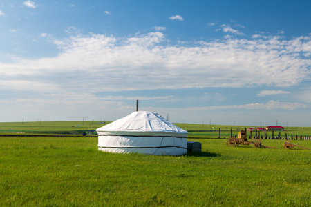 Mongolian yurts on Huhenuoer grassland, Hulunbuir, Inner Mongolia Autonomous Region, Chinaの写真素材