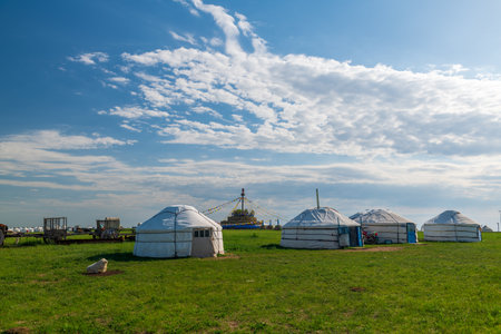 Mongolian yurts on Huhenuoer grassland, Hulunbuir, Inner Mongolia Autonomous Region, Chinaの写真素材