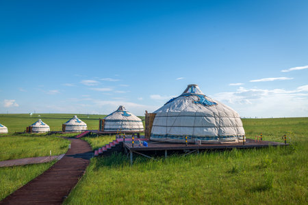 Mongolian yurts on Huhenuoer grassland, Hulunbuir, Inner Mongolia Autonomous Region, Chinaの写真素材