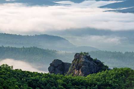 Rocky peak in the misty valley. Beautiful summer landscape.の写真素材