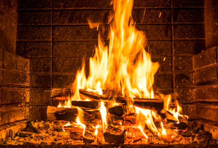 close up of Burning firewood in the fireplaceの写真素材