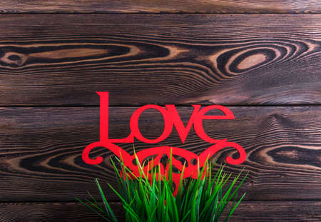 word love on grass and wooden texture backgroundの写真素材