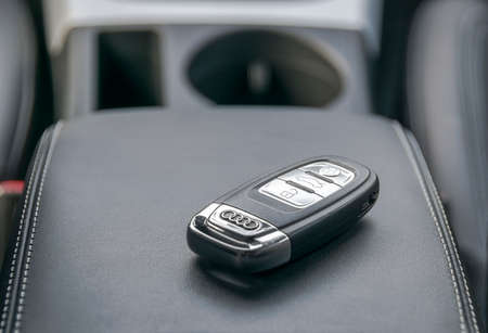 Sankt-Petersburg, Russia, March 28, 2017: Close up of keys in black leather interior, car interior details of Audi A 4 S-line on the test-drive in Sankt-Petersburg at March 28 2017のeditorial素材