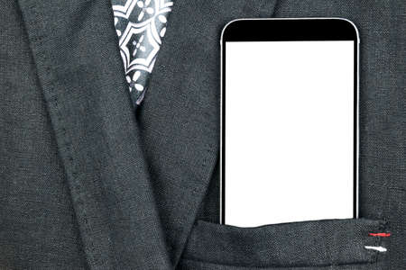Closeup confident business man wearing elegant suit and mobile phone, smartphone with white screen...