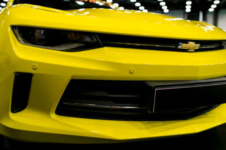 Sankt-Petersburg, Russia, July 21, 2017: Front view of a yellow Chevrolet Camaro 2017. Car exterior details. Photo Taken on Royal Auto Show  July 21のeditorial素材