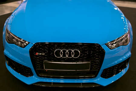 Sankt-Petersburg, Russia, July 21, 2017: Front view of a blue modern luxury blue sport car Audi RS 6 Avant Quattro 2017. Car exterior details. Photo Taken on Royal Auto Show  July 21のeditorial素材