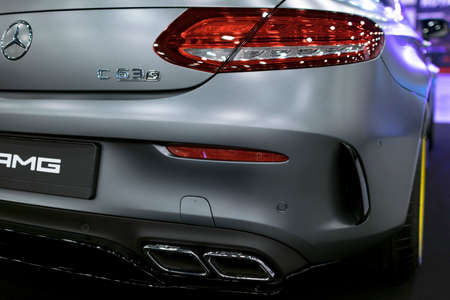 Sankt-Petersburg, Russia, July, 21, 2017: Back view of a Mercedes Benz C 63s AMG coupe 2017. Exhaust system. Car exterior details. Photo Taken on Royal Auto Show  July, 21のeditorial素材