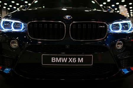 Sankt-Petersburg, Russia, July 21, 2017: BMW X6M 2017. Headlight of a modern sport car. Front view of luxury sport car. Car exterior details. Photo Taken on Royal Auto Show  July 21のeditorial素材