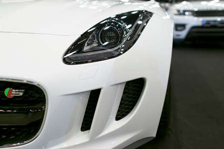 Sankt-Petersburg, Russia, July 21, 2017: Front view of headlight Jaguar F-Type coupe S 2017. Car...